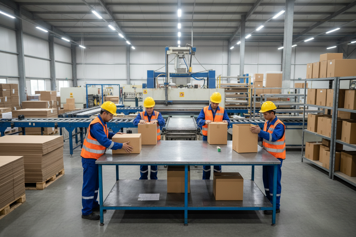 Изображение от фарбрика на рязане на картони като се виждат 3-4 души които сгъват картони 