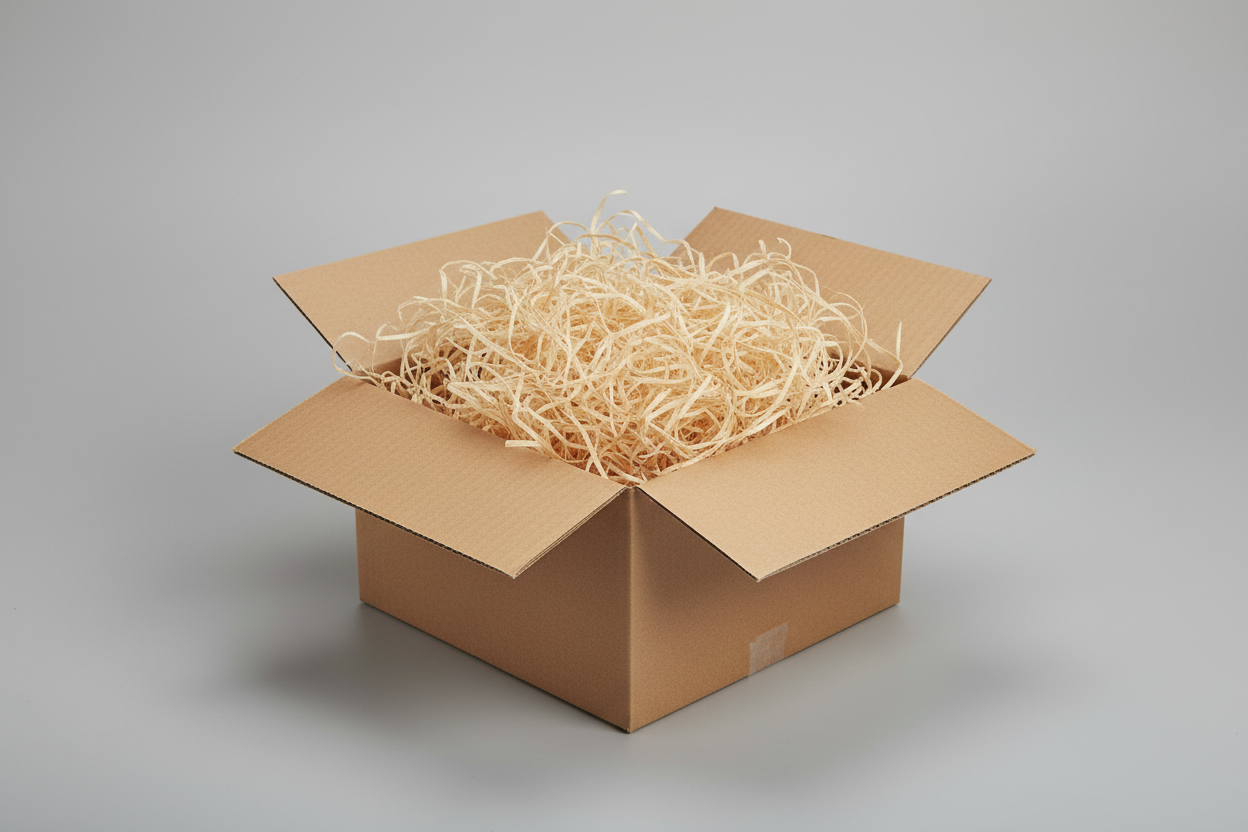 картонена кутия в която има дървени стърготини