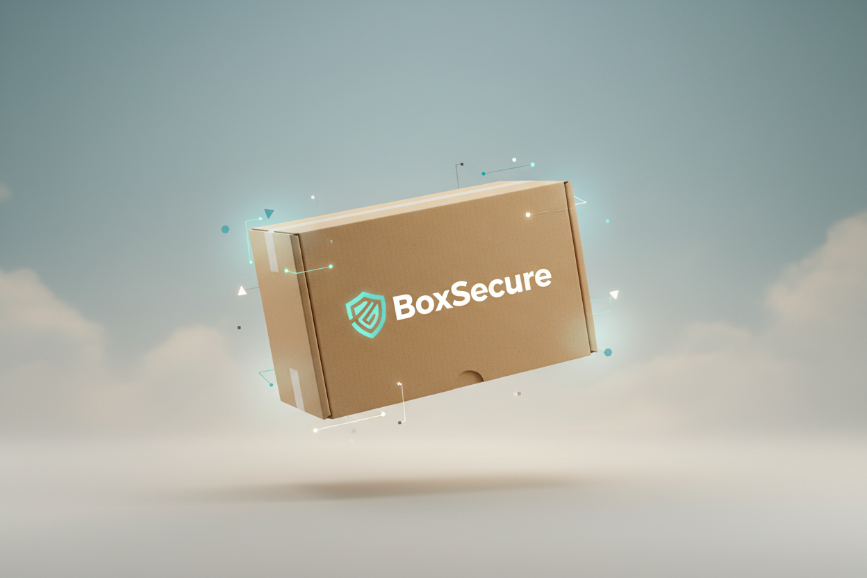 Картонена кутия върху която пише "BoxSecure" левитираща в пространството (направи го като рекламен материал)